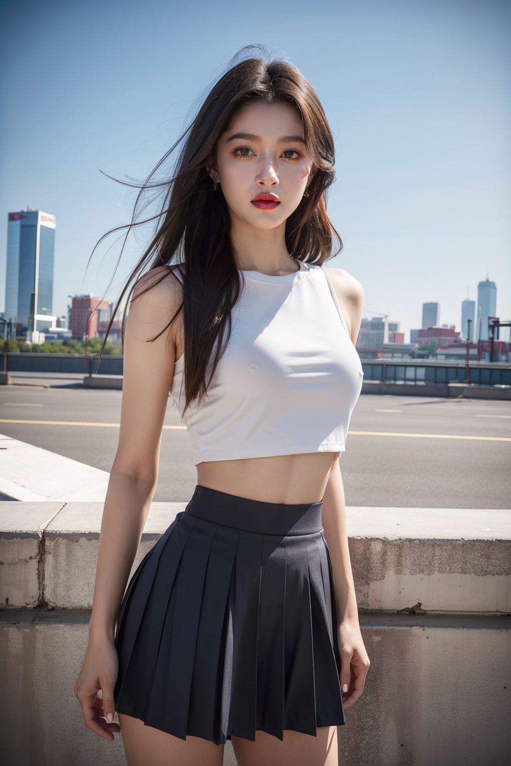 01865-3249657532-1girl,upper body,looking at viewer, standing,__crop top, pleated skirt, _brown hair, long hair,__cityscape, beijing,__masterpiec.png